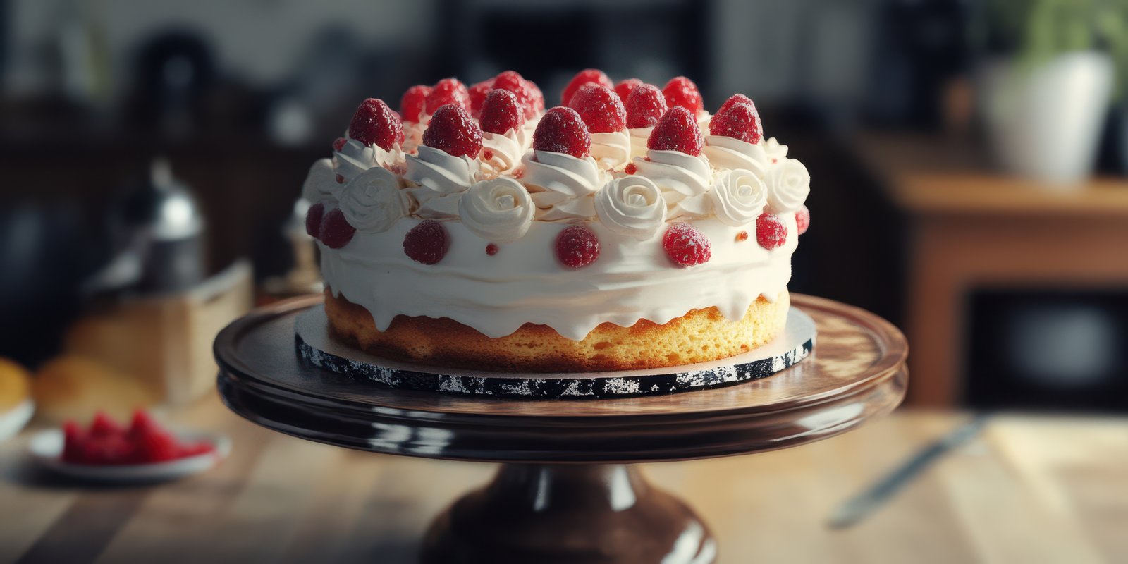 Delicious raspberry cake garnished with whipped cream on a decorative stand in a cozy kitchen setting